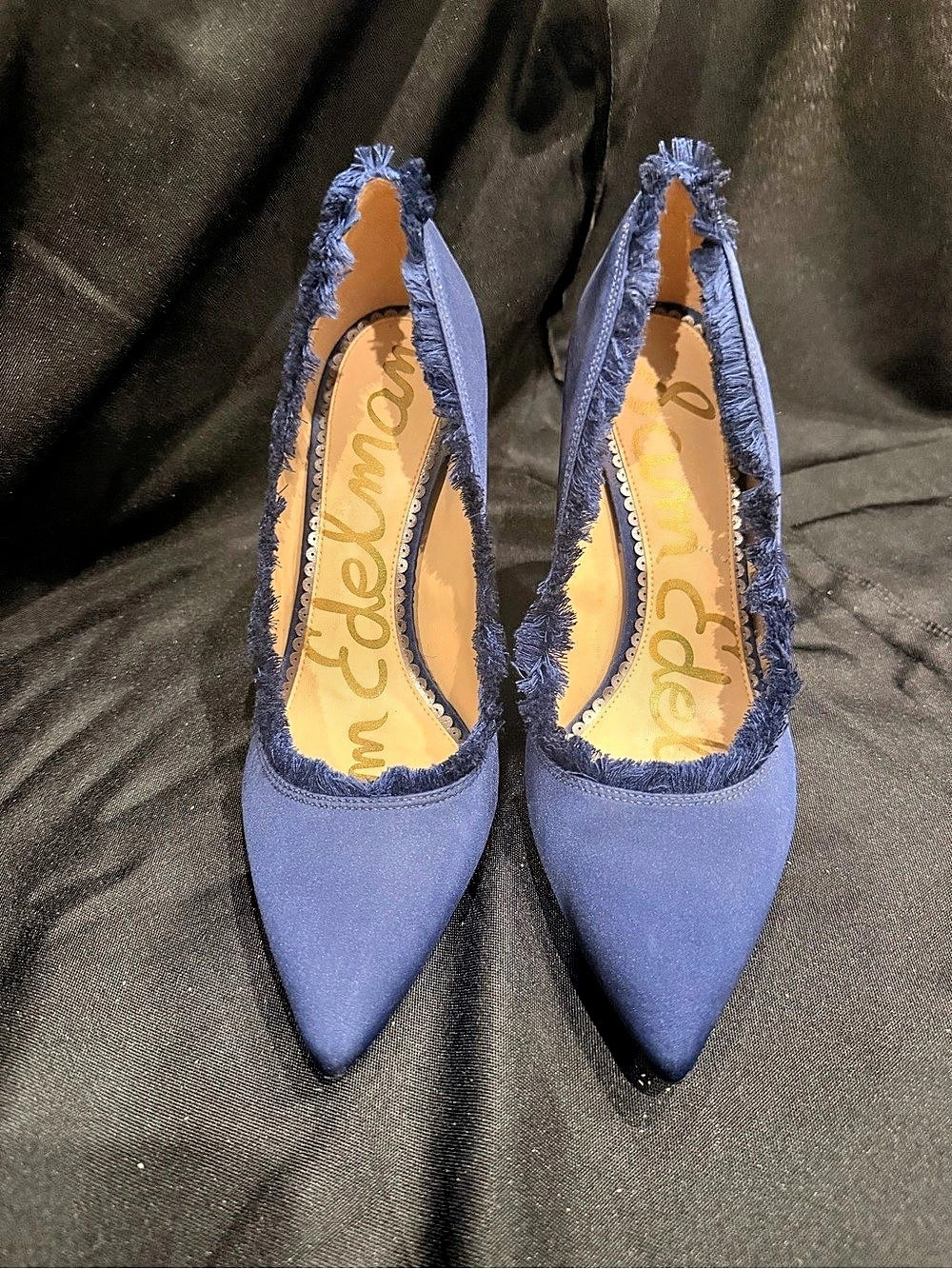 Sam Edelman Navy Blue Fringe Satin 3” Heel Pump - Sz. 7.5